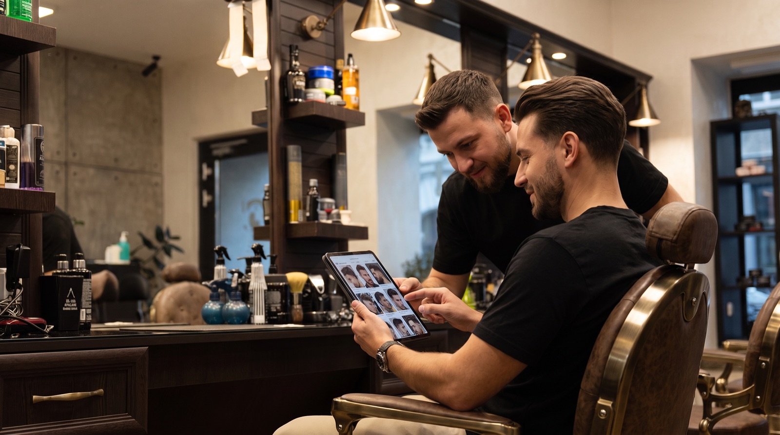 Friseur Wien — Barber zeigt Herren-Frisuren auf dem Tablet bei Hakim Styling